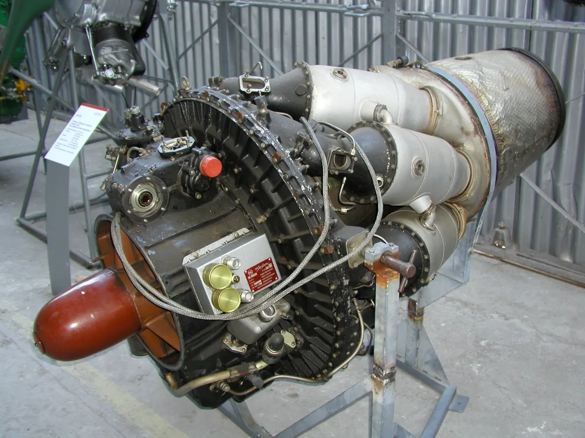 Motorlet M701 centrifugal-flow turbojet engine on a display stand