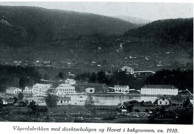 Historical view of the Kongsberg arms factory site in Norway