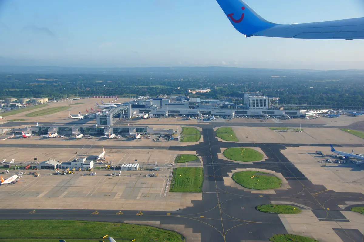 Aerial view of Gatwick Airport terminal and runway