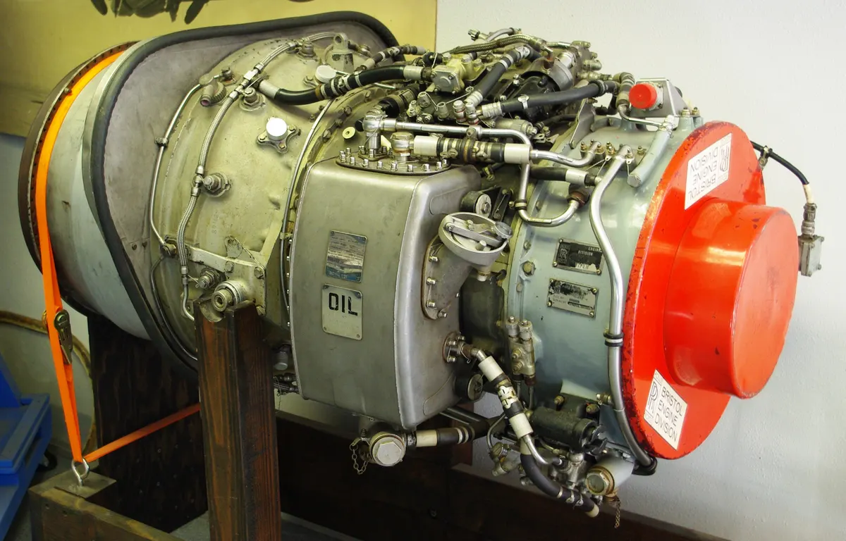 Armstrong Siddeley Viper turbojet engine on display stand