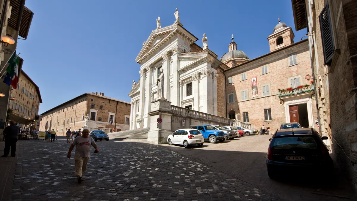 Aerial view of Urbino Italy historic center
