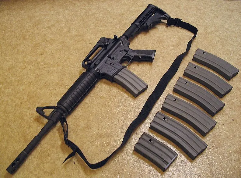A 2007 Bushmaster-supplied Georgian XM-15 carbine, examples of which were later captured by Russian and South Ossetian forces during the brief 2008 Russo-Georgian War
