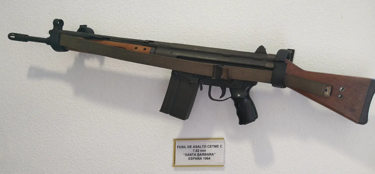 CETME Model C battle rifle on display in a museum case