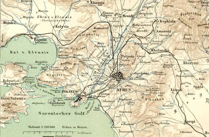 Map showing Piraeus near Athens, Greece