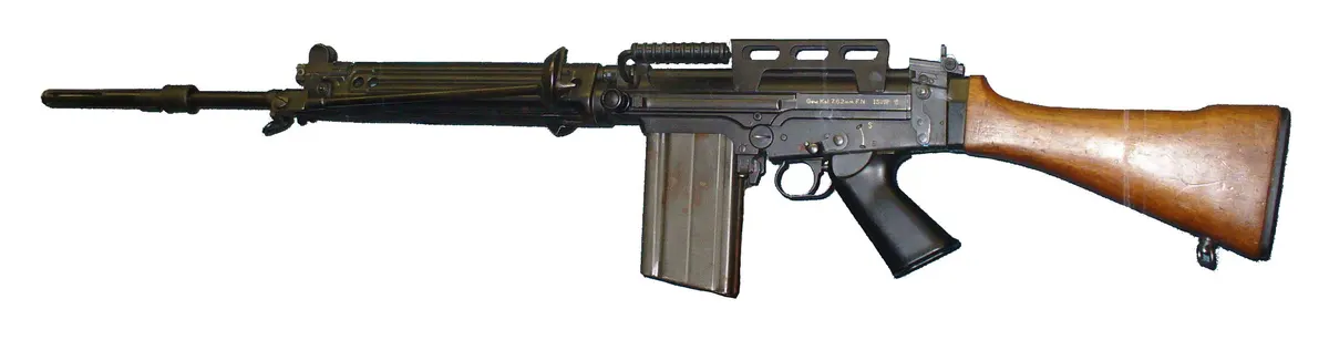 FN FAL battle rifle with wood furniture and 20-round magazine