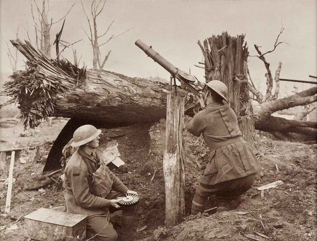 Lewis Gun pan magazine mounted on top of the receiver