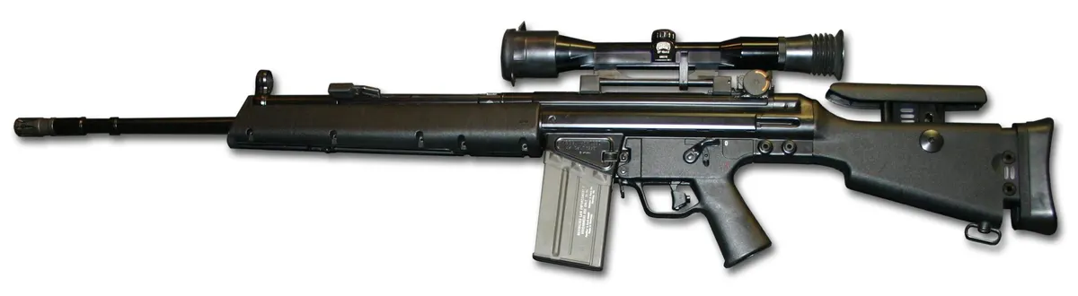 Heckler and Koch MSG90A1 designated marksman rifle shown from the right side with scope mounted