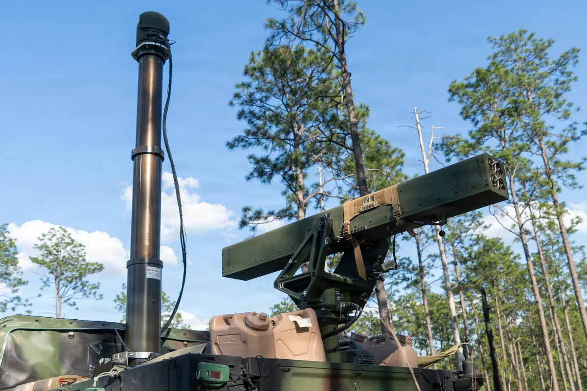 L3Harris VAMPIRE counter-drone rocket launcher and sensor turret mounted on a truck bed
