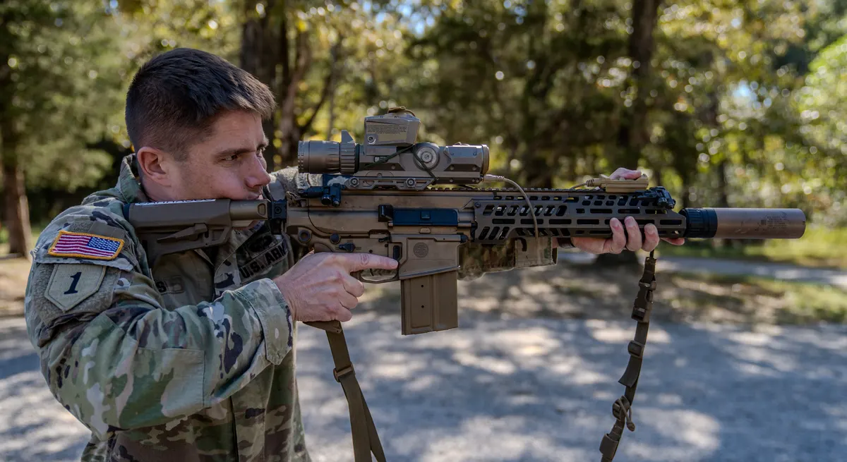 US Army soldier holding the M7 rifle during a training exercise