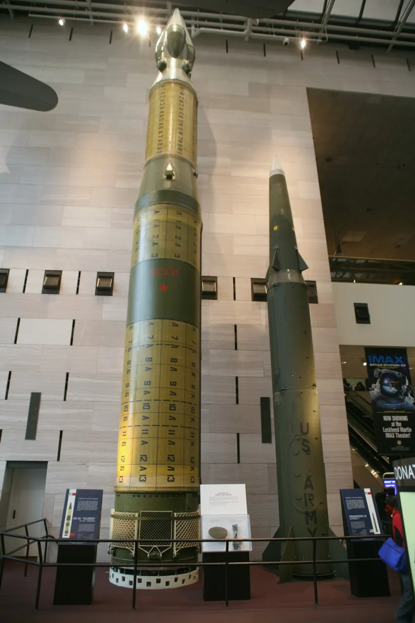 Pershing II ballistic missile erected vertically on its mobile launcher