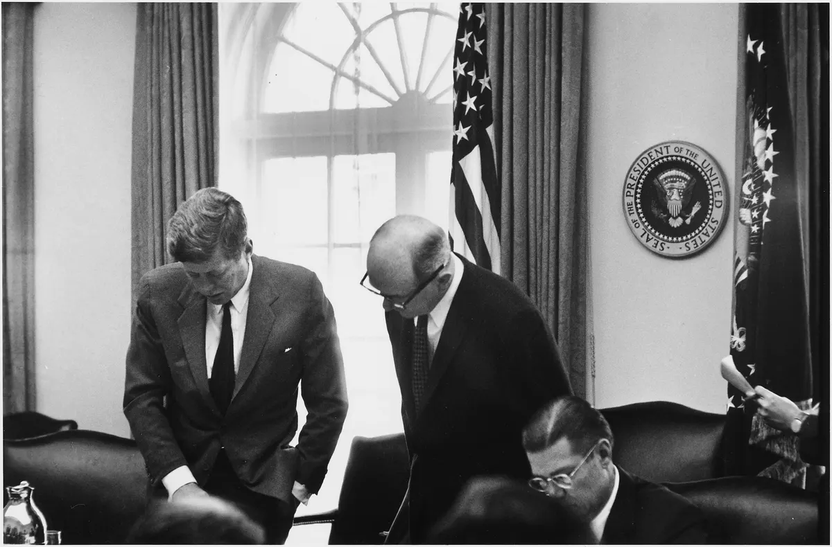 Kennedy administration officials in a White House meeting during the Cuban Missile Crisis