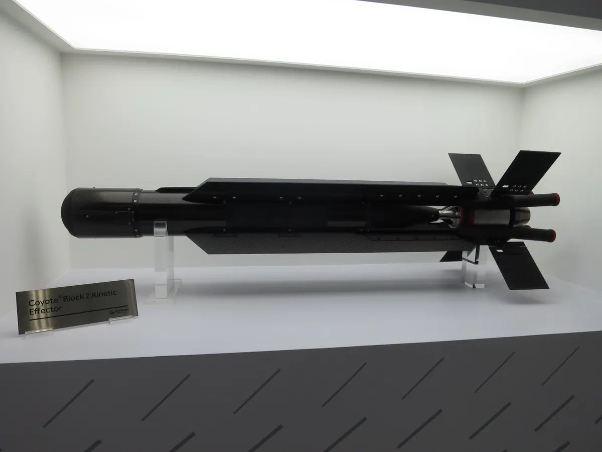 Raytheon Coyote Block 2 interceptor drone mounted on a launcher rail