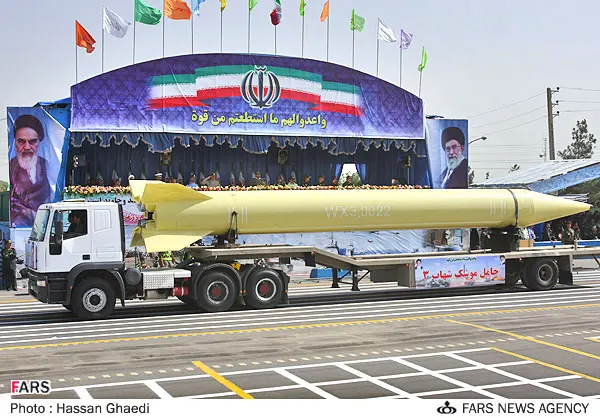 Shahab-3 ballistic missile on a road-mobile launcher during a parade