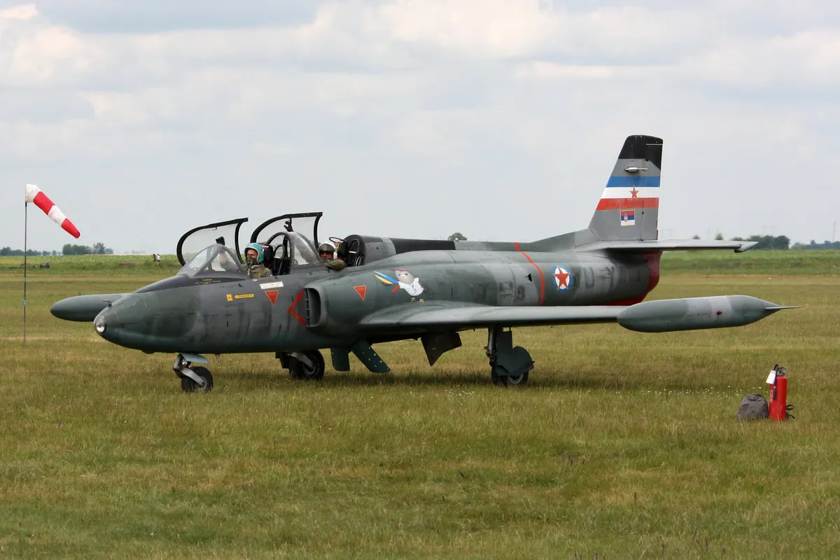 Soko G-2 Galeb two-seat jet trainer parked on display