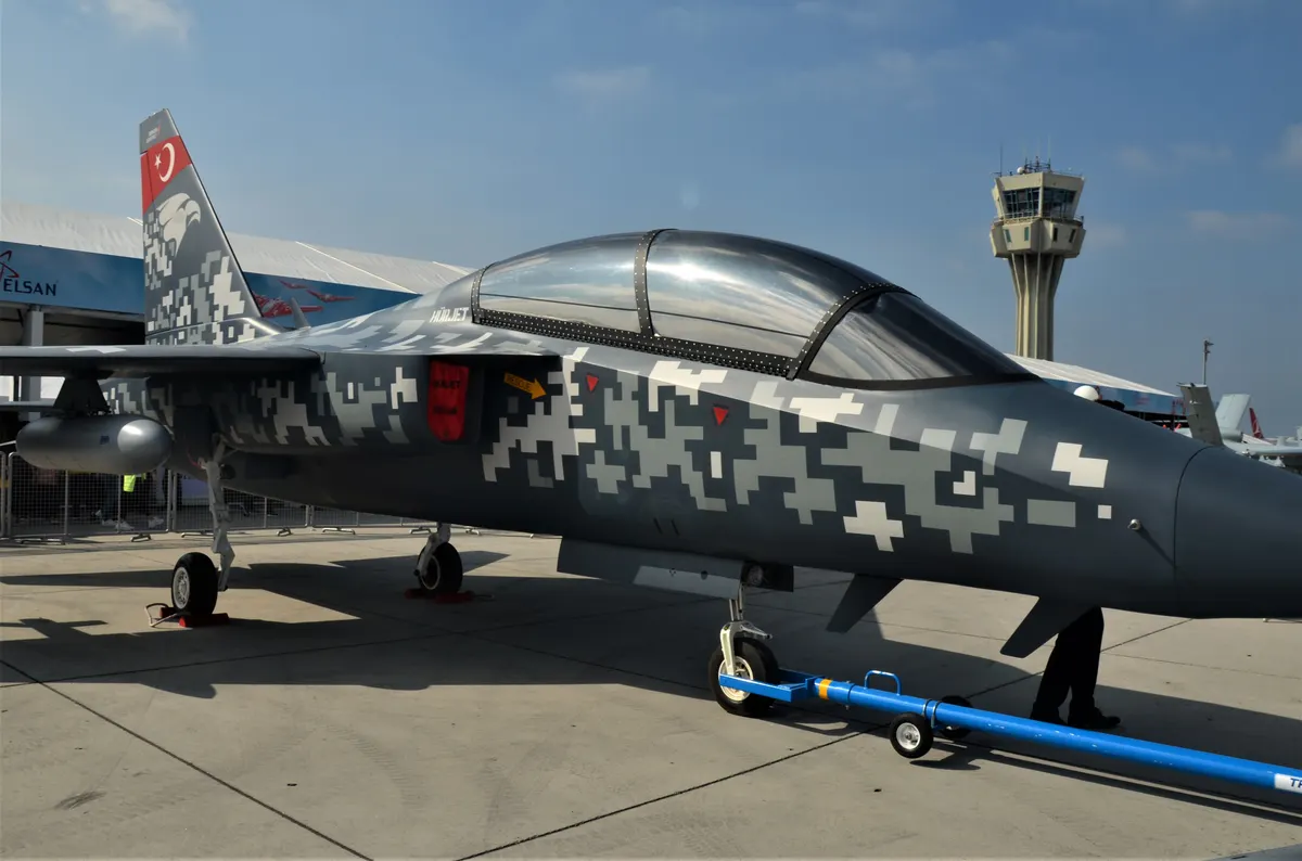 TAI Hürjet supersonic jet trainer aircraft in flight