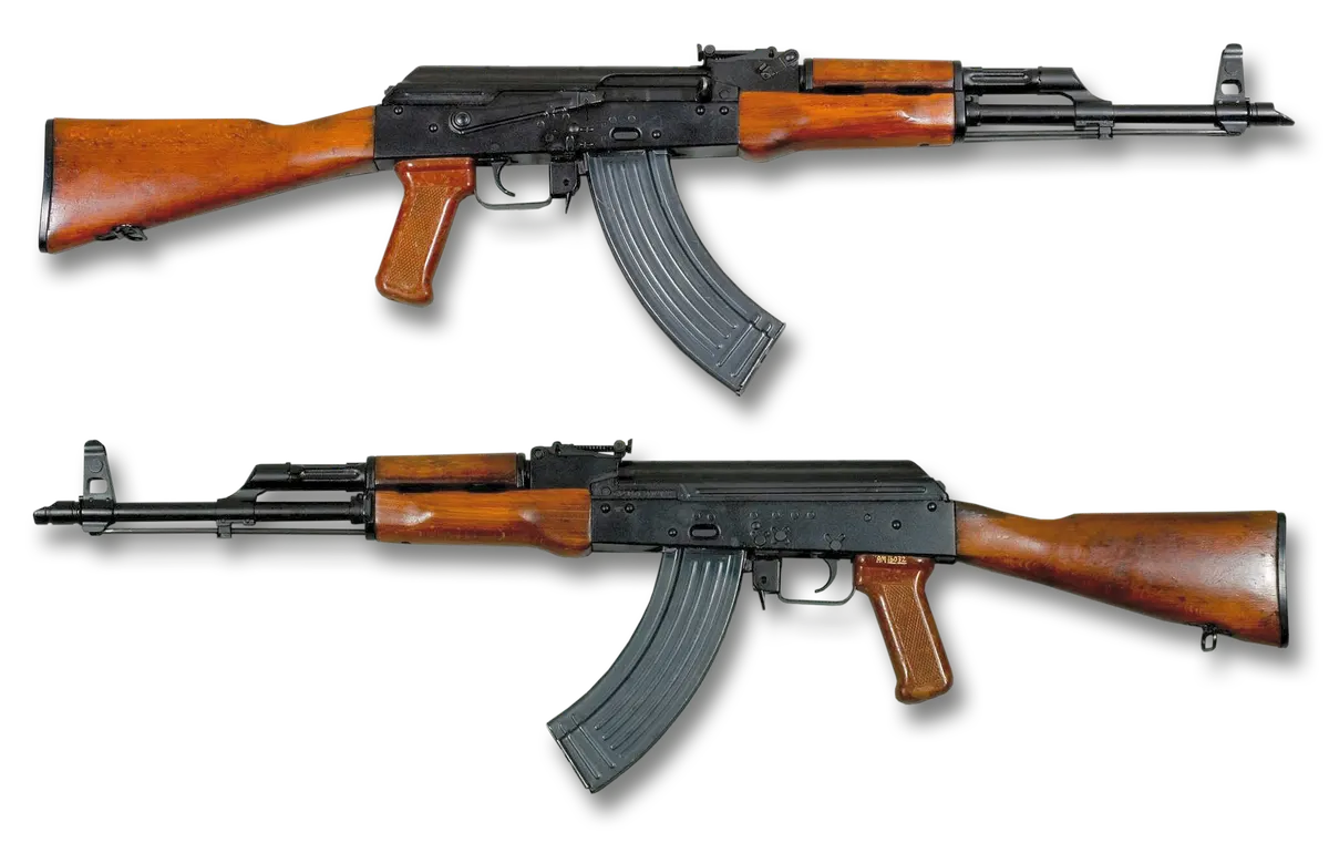 Close-up of a Kalashnikov-pattern stamped steel receiver