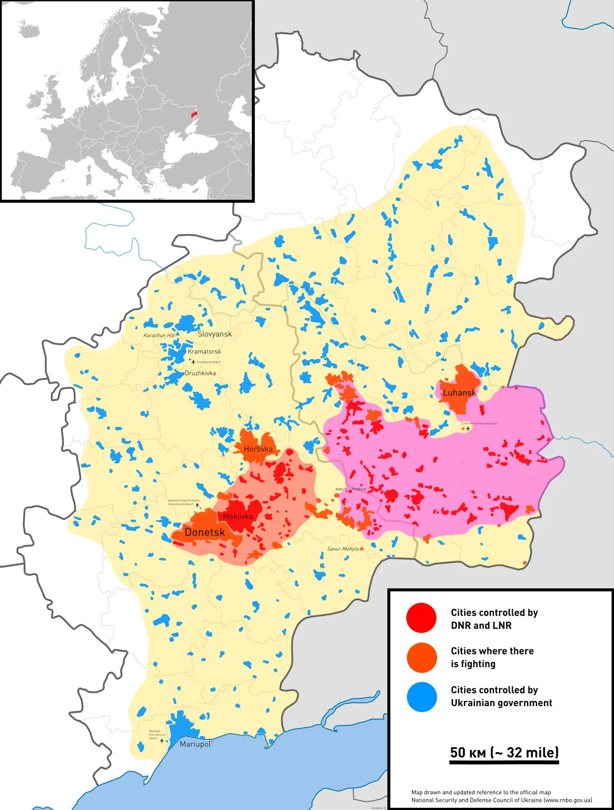 Donbas bölgesi ve doğu Ukrayna cephe hattının haritası